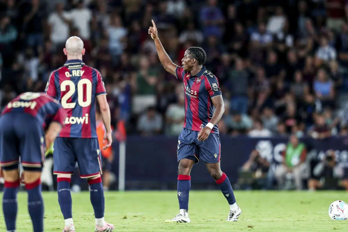 Karl Etta Eyong of Levante UD celebrates a goal during the Spanish championship La Liga football match, 2025