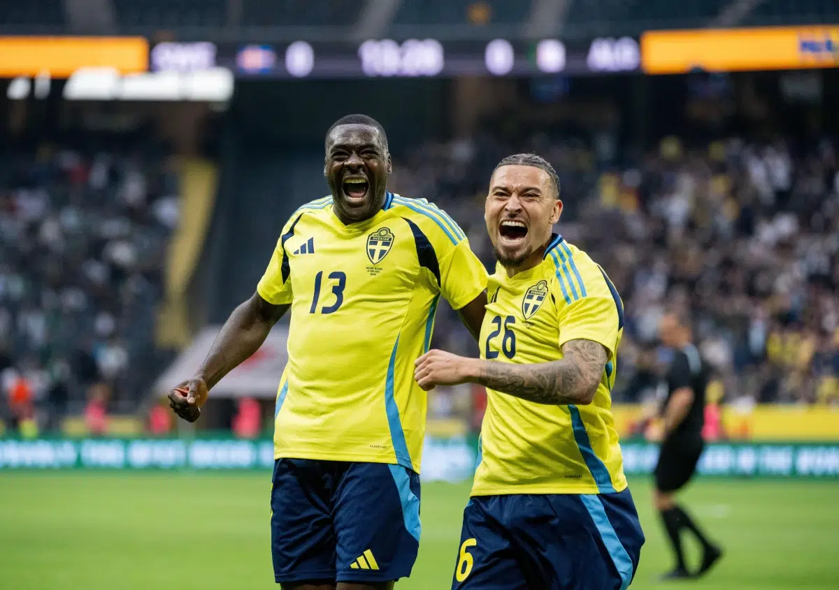 Sweden's Ken Sema (left) celebrates with Jordan Larsson after scoring, June 2025
