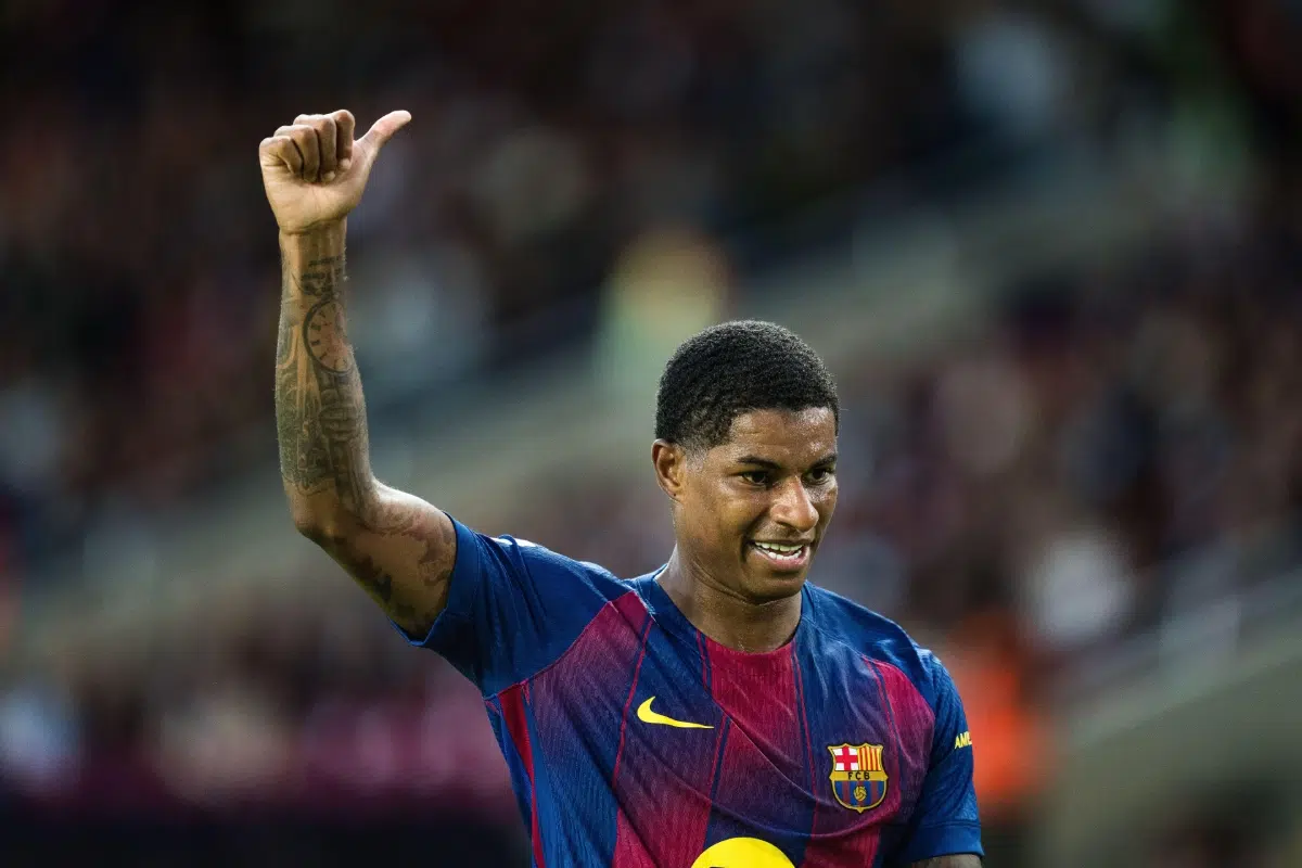 FC Barcelona player Marcus Rashford reacts during LaLiga EA Sports match, 2025