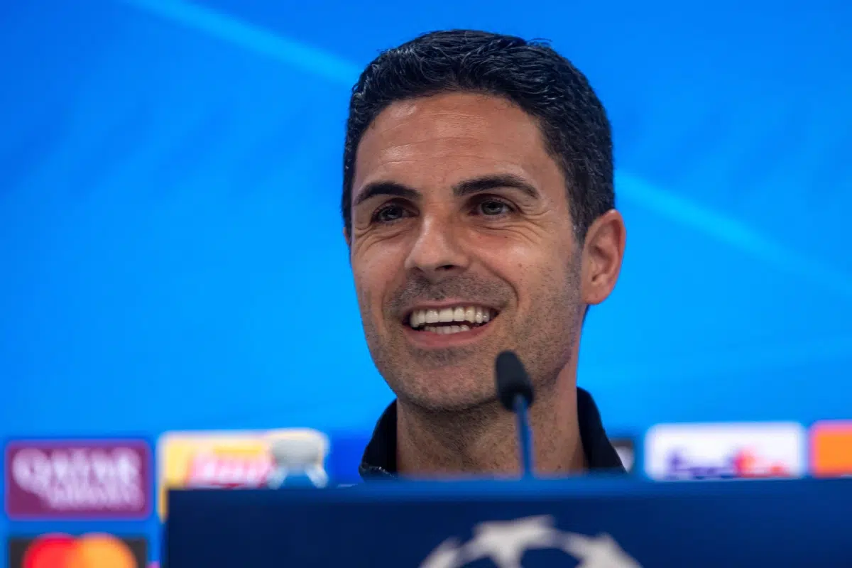 Mikel Arteta manager of Arsenal FC in England, during a press conference ahead of the UEFA Champions League match between Real Madrid and Arsenal FC