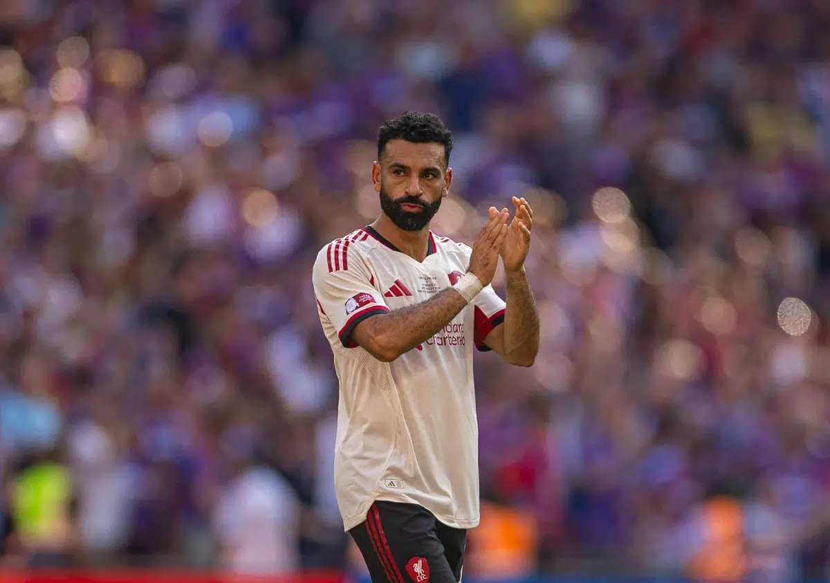 Liverpool's Mohamed Salah applauds the supporters after the FA Community Shield final match between Crystal Palace and Liverpool