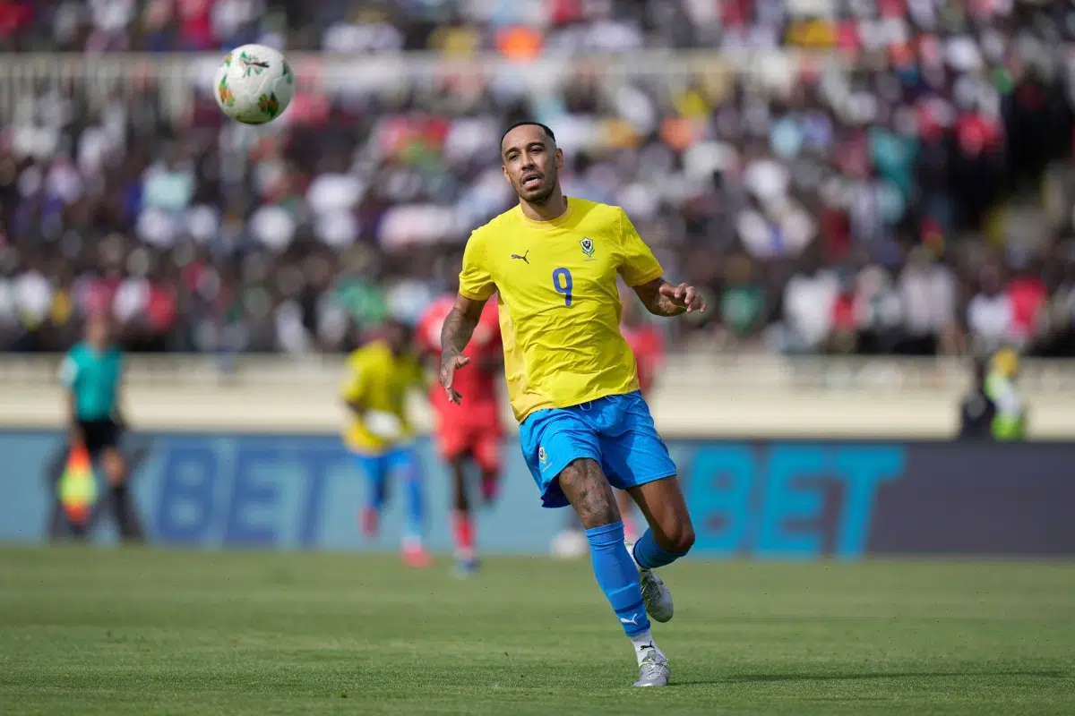 Gabon's Pierre-Emerick Aubameyang looks at the ball during the World Cup group F qualifying soccer match between Kenya and Gabon