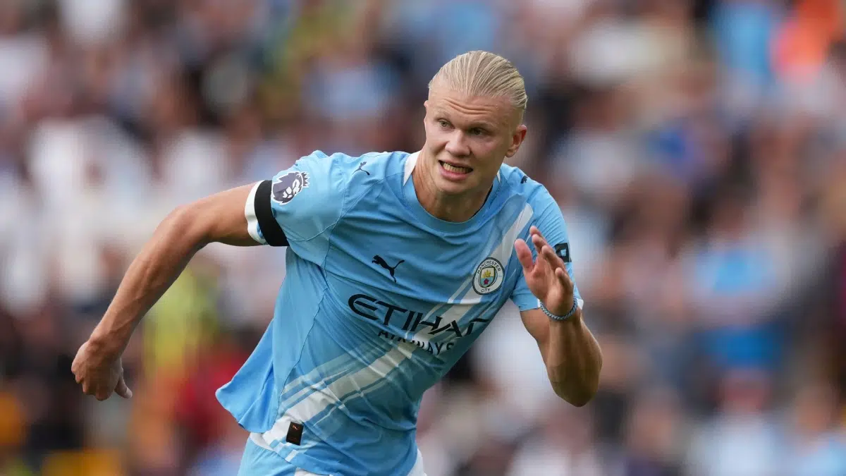 Erling Haaland runs on the pitch during the English Premier League soccer match between Wolverhampton Wanderers and Manchester City