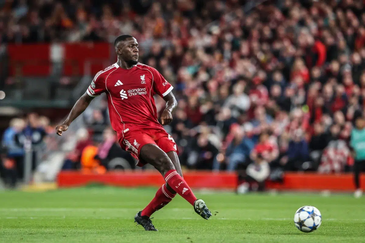 Liverpool's Ibrahima Konate passes the ball during the UEFA Champions League, September 2025