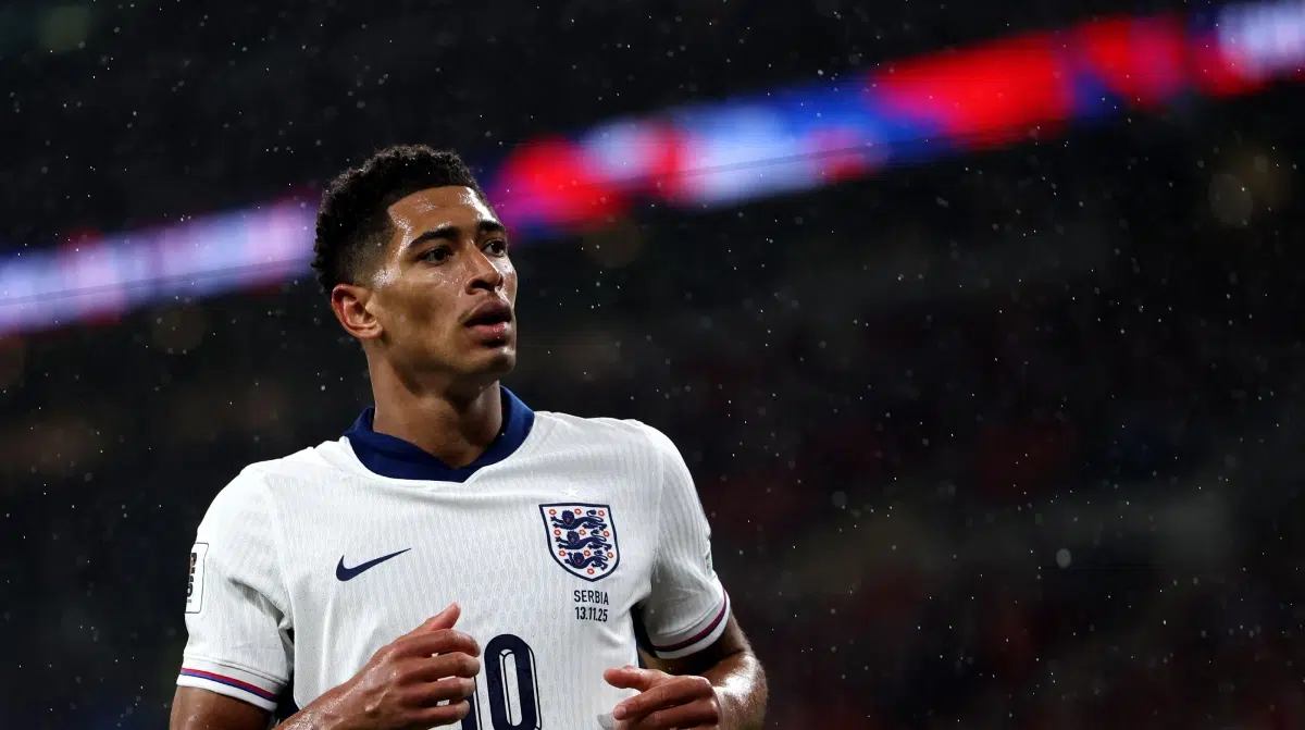 England's Jude Bellingham reacts during the World Cup 2026 European Qualifiers group K football match between England and Serbia