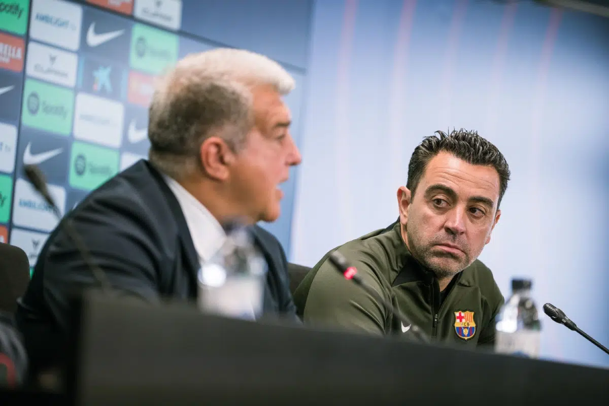 Joan Laporta and Xavi Hernandez head coach of FC Barcelona press conference, 2024