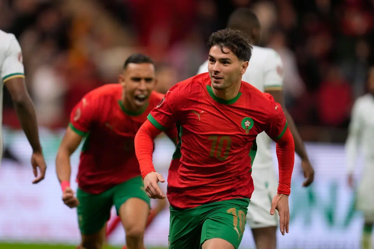 Morocco's Brahim Abdelkader Díaz celebrates after scoring during the Africa Cup of Nations group A, 2025
