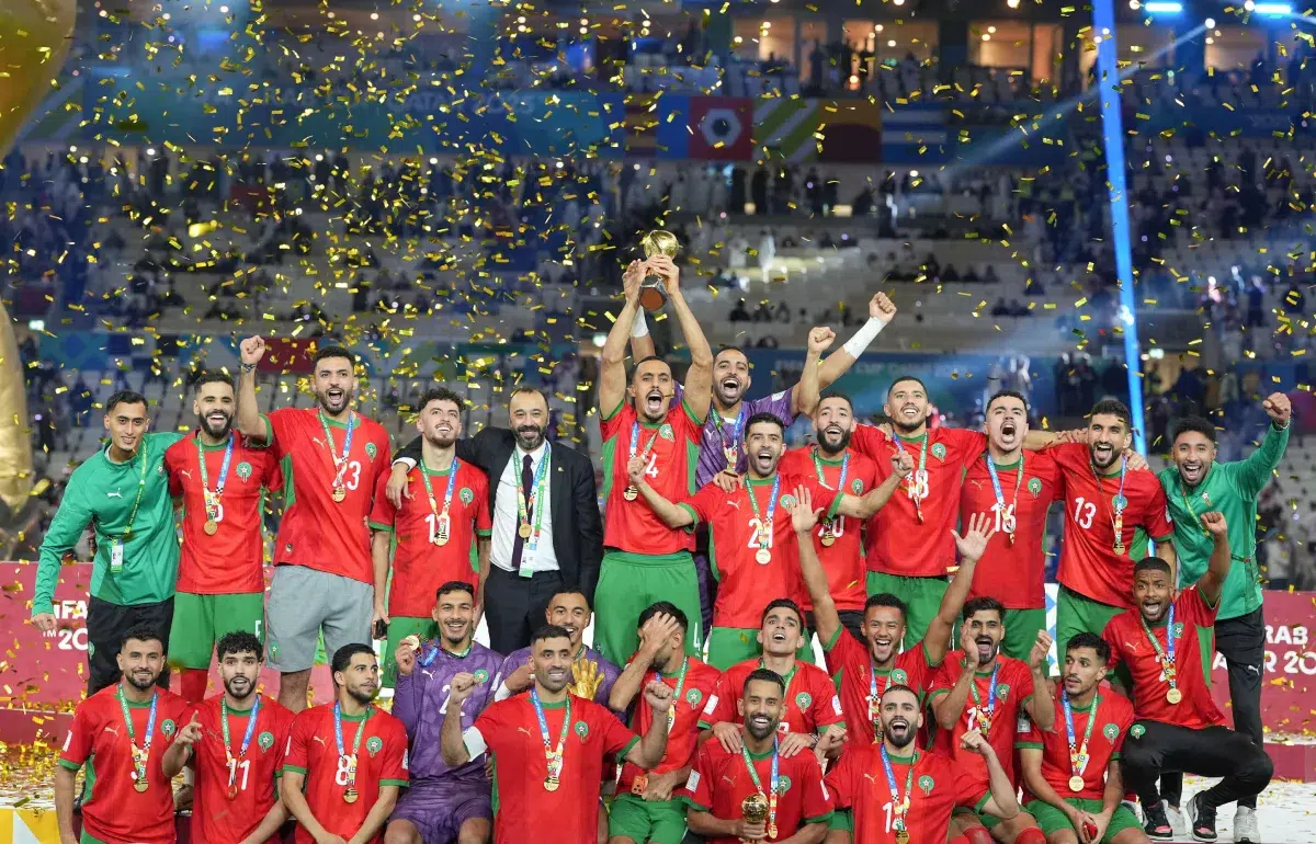 Morocco football players celebrating their victory over Jordan 3-2 in Lusail stadium during Arab cup Finals in Doha, Qatar, 2025