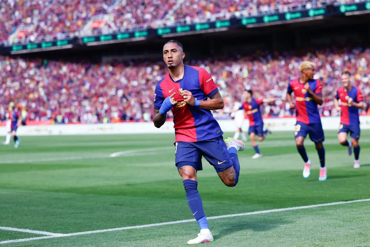 Raphinha Dias Belloli of FC Barcelona celebrates a goal during the Spanish championship La Liga football match, 2025