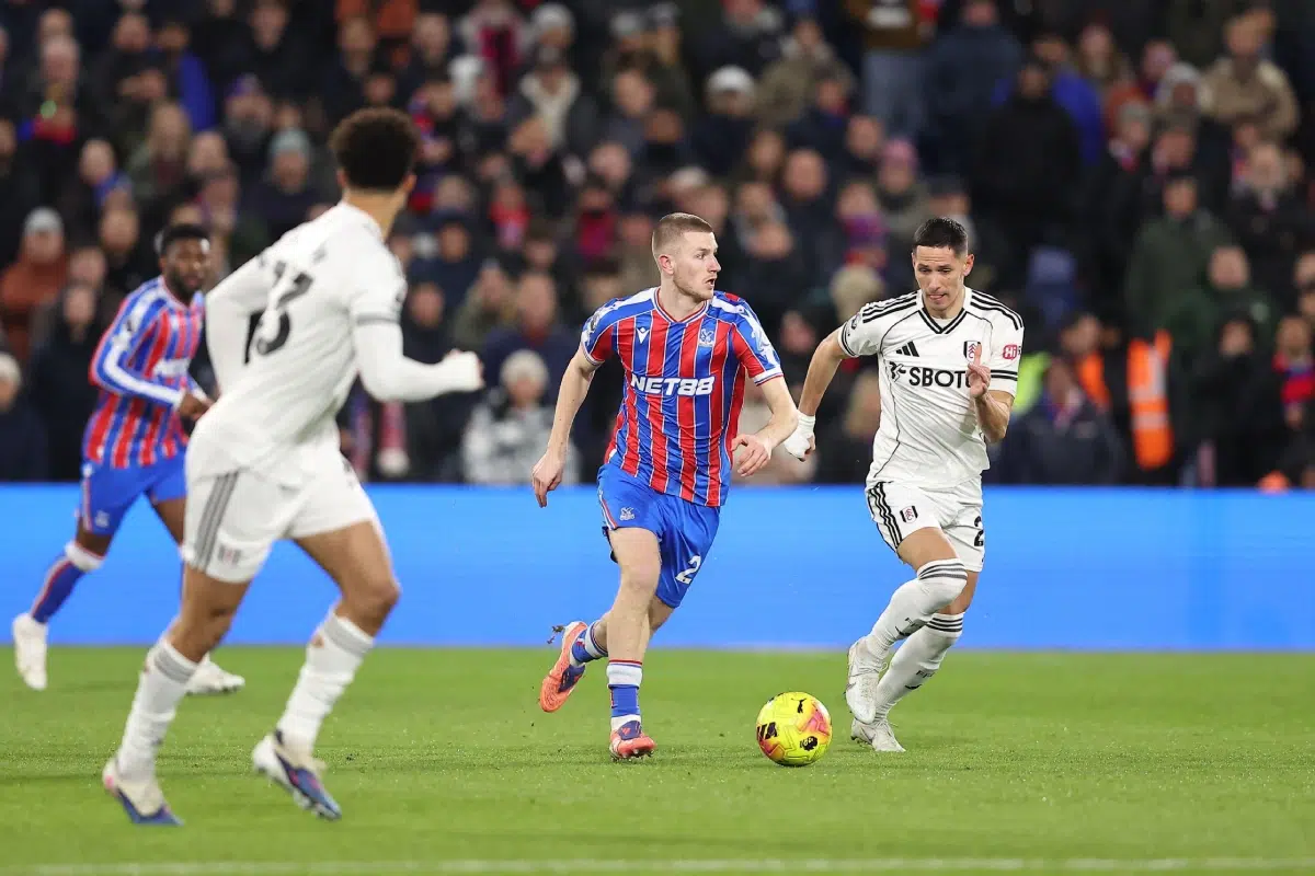 1st Jan, 2026, Crystal Palace vs Fulham; Adam Wharton of Crystal Palace dribbles past Sasa Lukic of Fulham