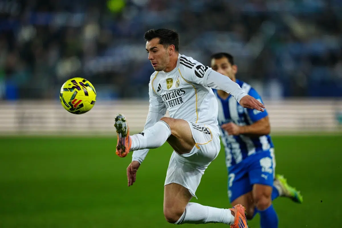 Real Madrid's Brahim Diaz challenges for the ball during the Spanish La Liga, 2025