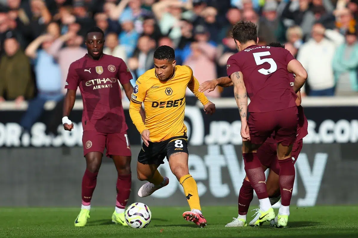João Gomes of Wolves during the Premier League match between Wolverhampton Wanderers and Manchester City, 2024