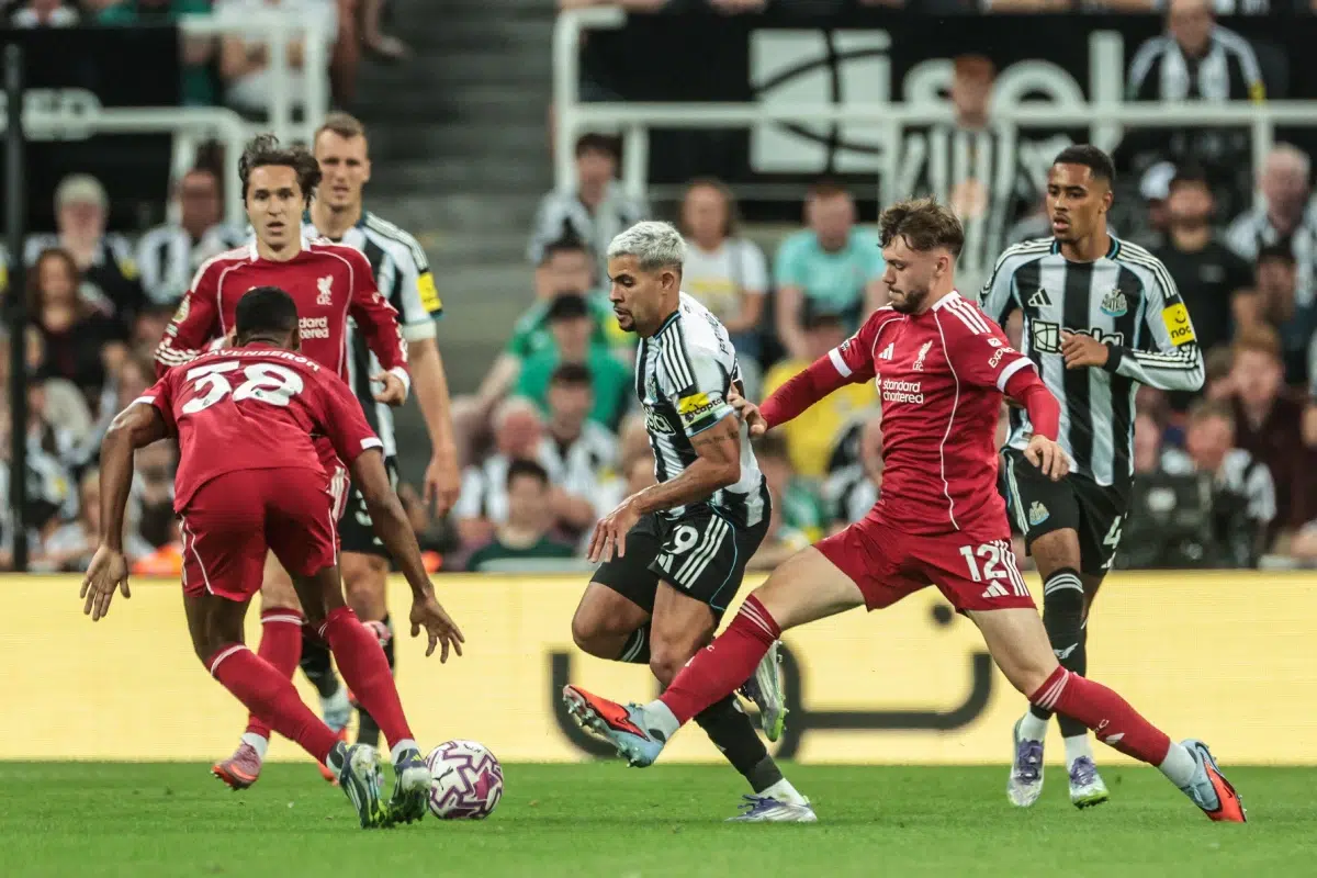 Bruno Guimarães of Newcastle United is fouled by Conor Bradley of Liverpool, 2025