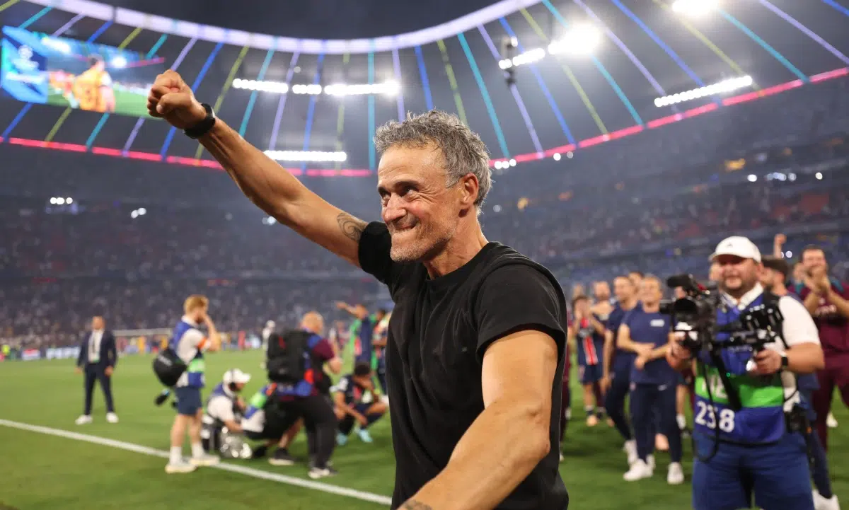 31st May, 2025, Luis Enrique, coach of Paris St Germain, celebrates winning the Champions League during the Paris Saint Germain vs Internazionale final