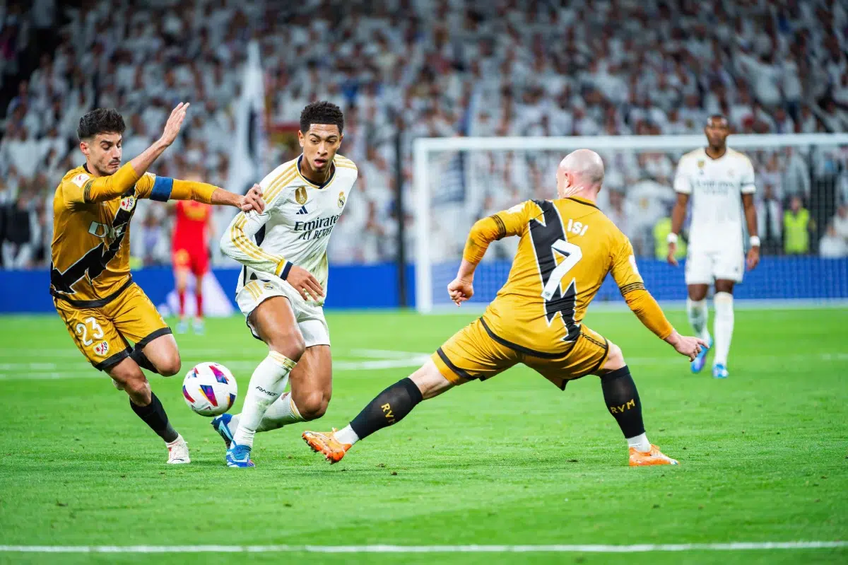 05th Nov, 2023, Jude Bellingham (Real Madrid), Isi Palazon (Rayo Vallecano), and Oscar Valentin (Rayo Vallecano) in action during the football match of Spanish championship La Liga EA Sports between Real Madrid and Rayo Vallecano