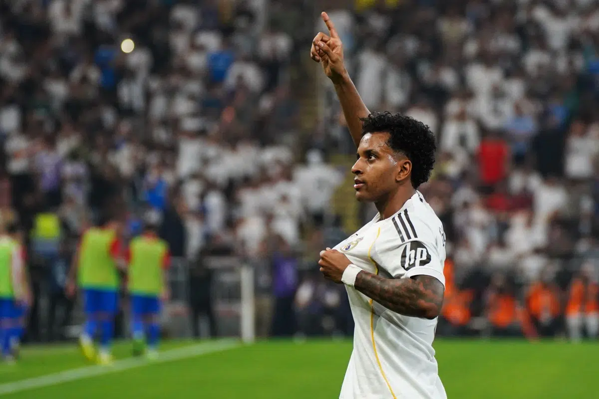 Real Madrid's Rodrygo Goes celebrates a goal during the Spanish Super Cup, 2026