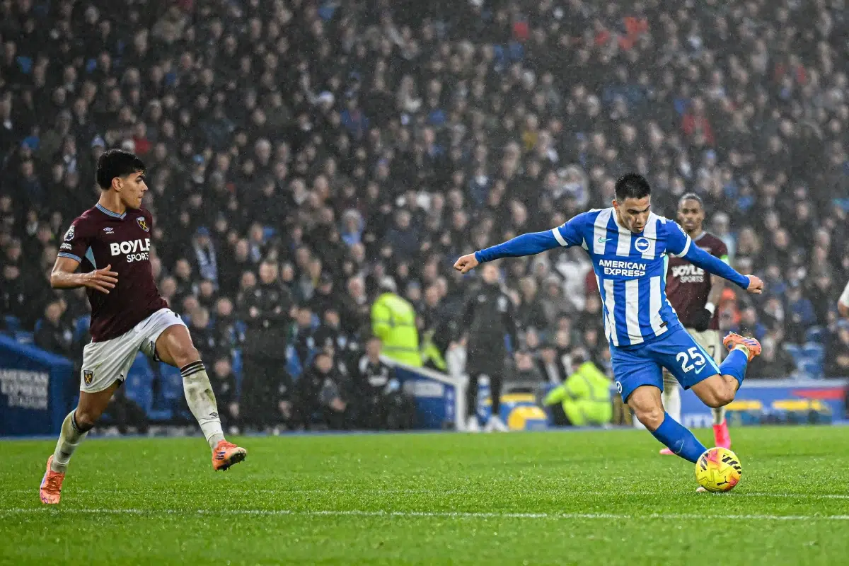 Diego Gómez of Brighton & Hove Albion shoots during the Premier League match between Brighton and Hove Albion and Aston Villa, 7th December 2025