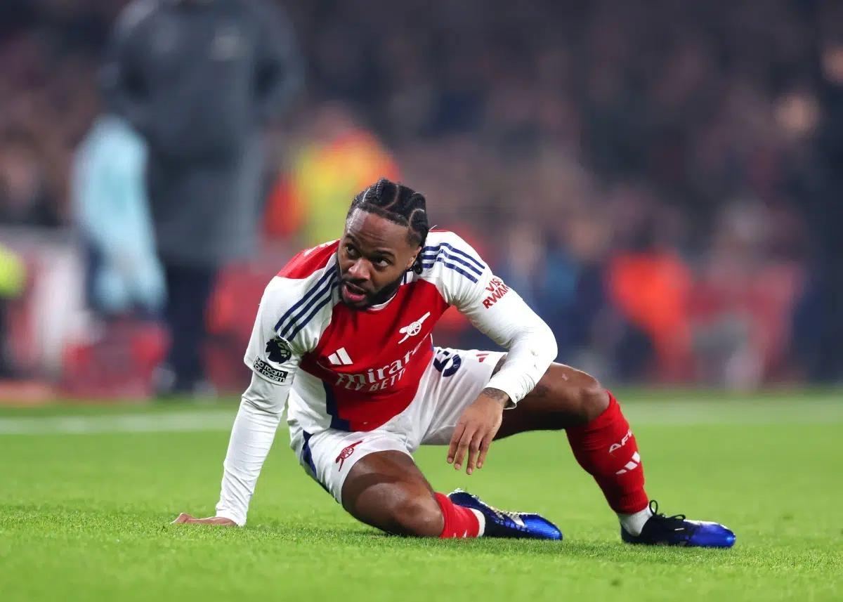 Raheem Sterling thinks he is fouled during the Premier League match, 2025