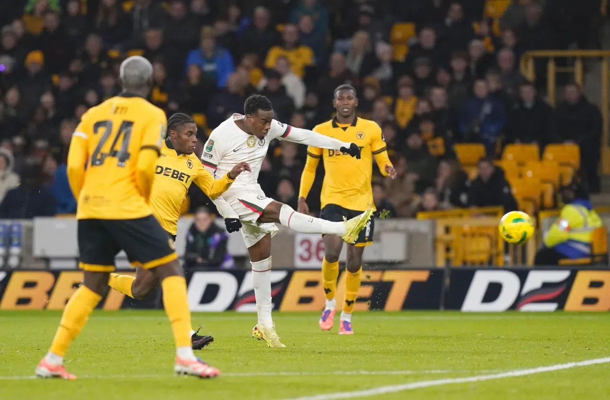 29th Oct, 2025. Jamie Gittens of Chelsea scores the fourth goal during the Wolverhampton Wanderers vs Chelsea Carabao Cup match