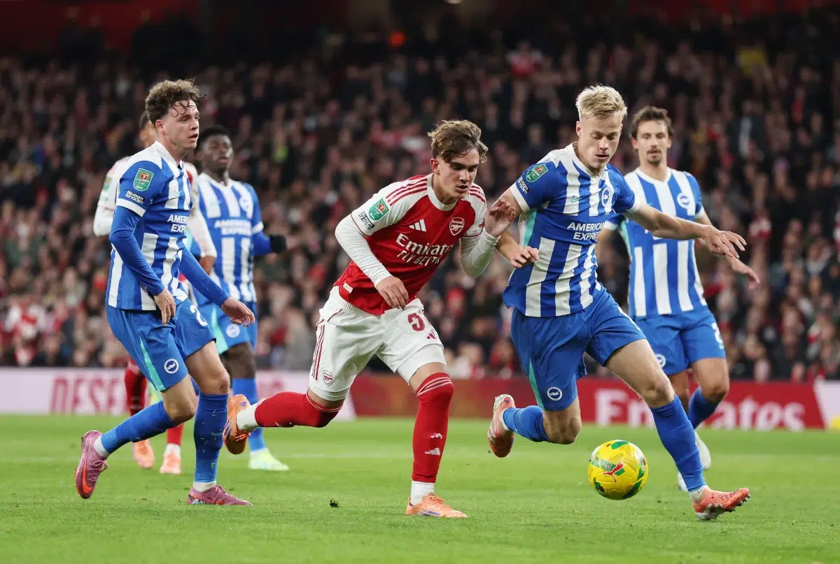 29th Oct, 2025. Max Dowman of Arsenal engages with Jan Paul van Hecke of Brighton during the Arsenal vs Brighton and Hove Albion Carabao Cup match