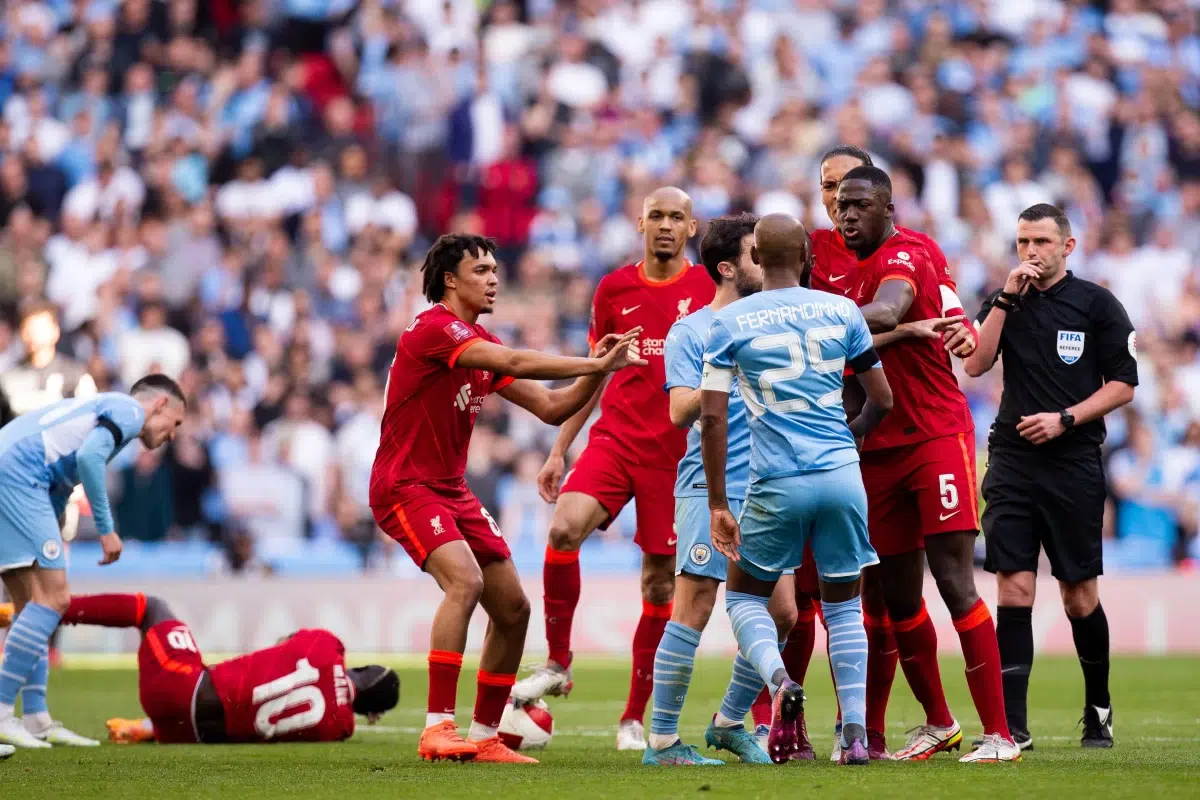 Sadio Mane of Liverpool and Fernandinho of Manchester City argue during the FA Cup Semi-Final between Manchester City and Liverpool, 16th April 2022