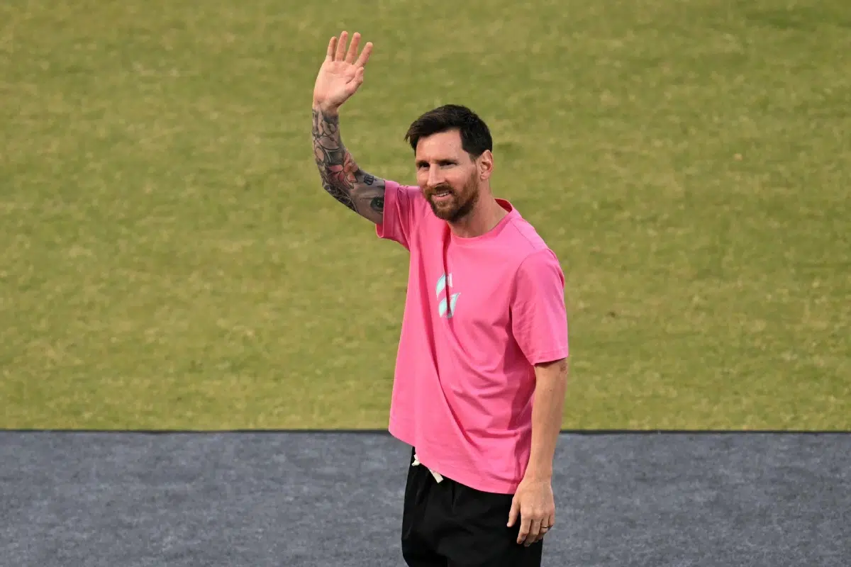 Argentina's soccer star Lionel Messi waves to fans, 2025