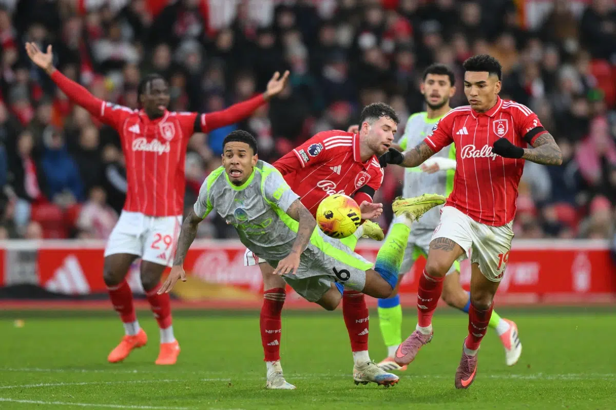 27th Dec 2025. Neco Williams of Nottingham Forest battles with Savio of Manchester City during the Premier League match between Nottingham Forest and Manchester City