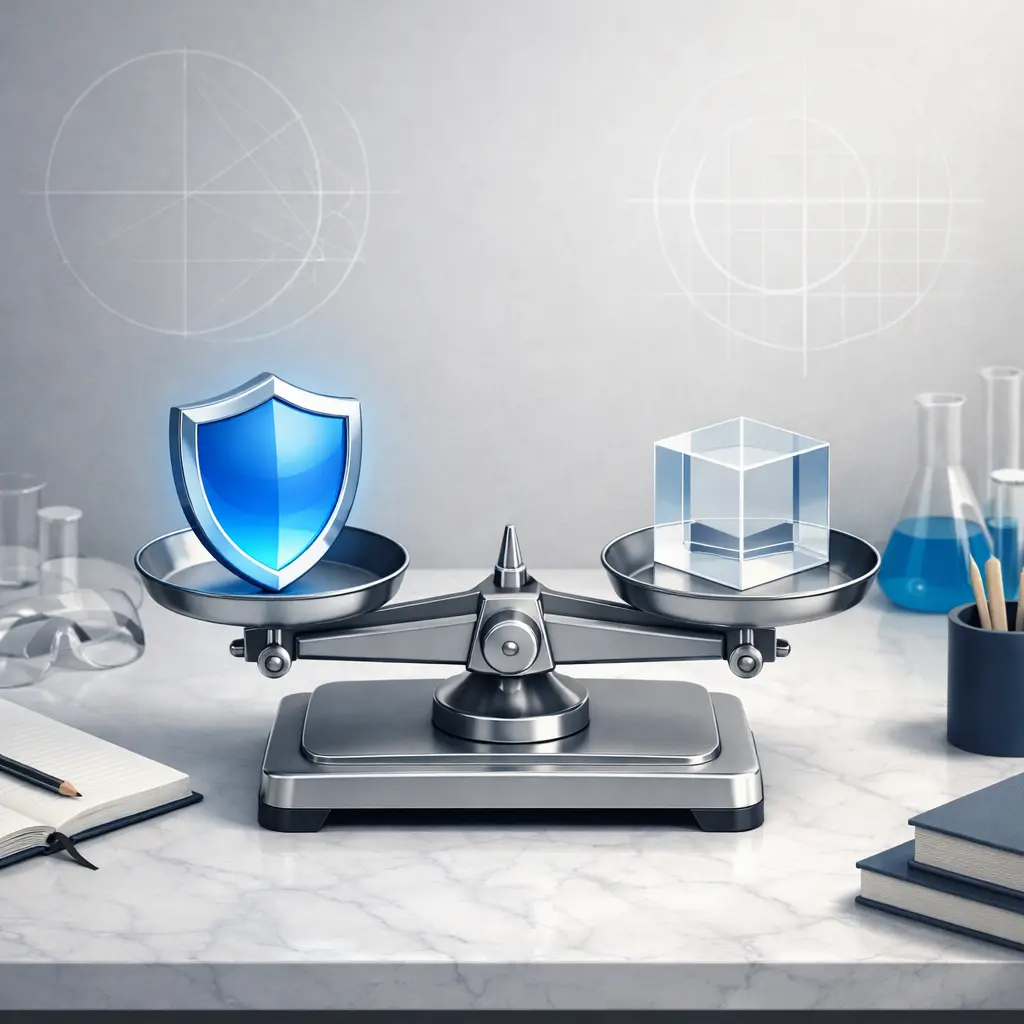 A 3D isometric illustration of a silver balance scale on a marble desk, with a glowing blue shield on one side and a transparent cube on the other, set in a modern laboratory environment.