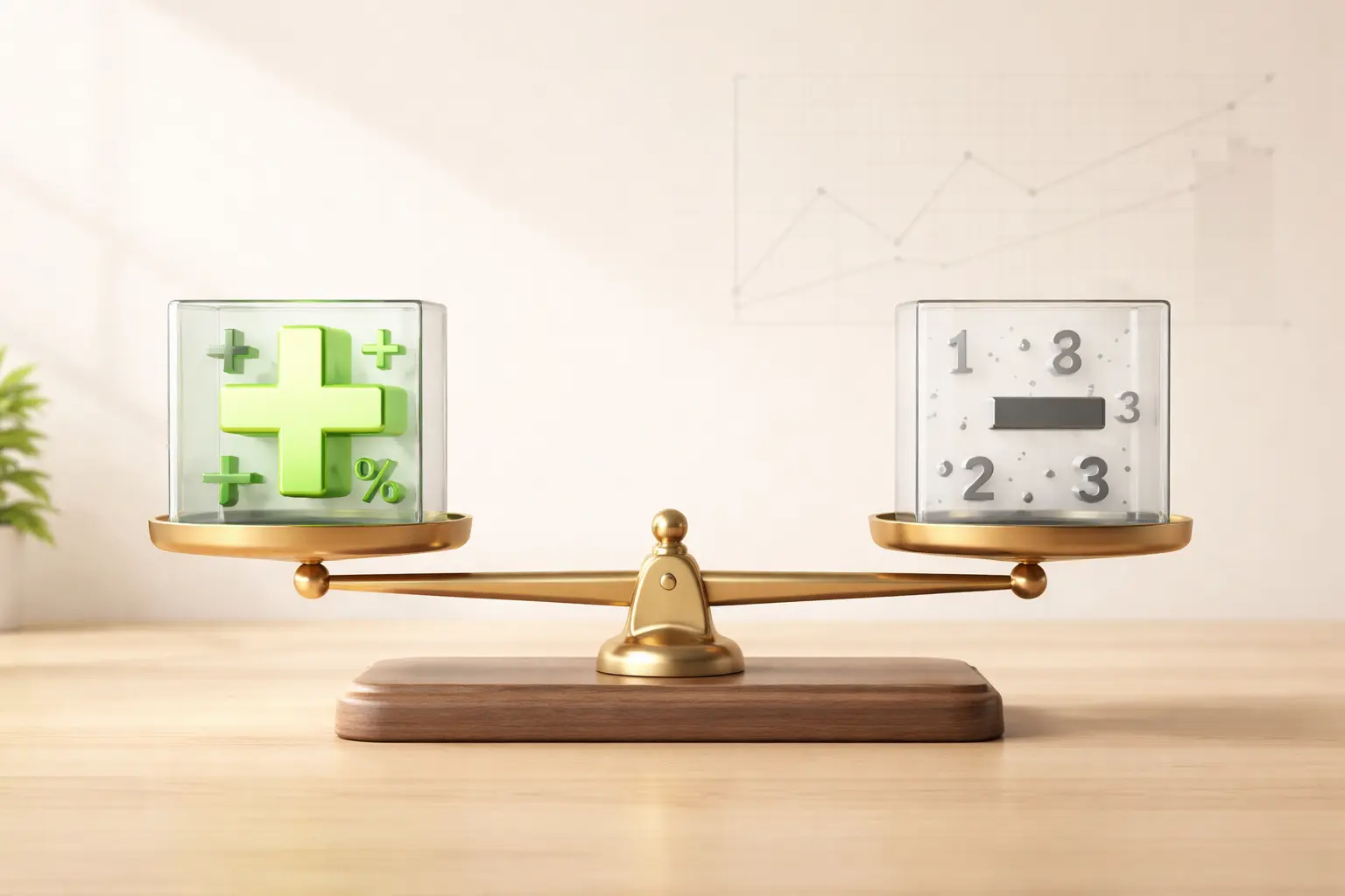 A minimalist 3D render of a balanced scale with a green plus symbol cube on one side and a grey minus symbol cube on the other, set on a light wooden surface.