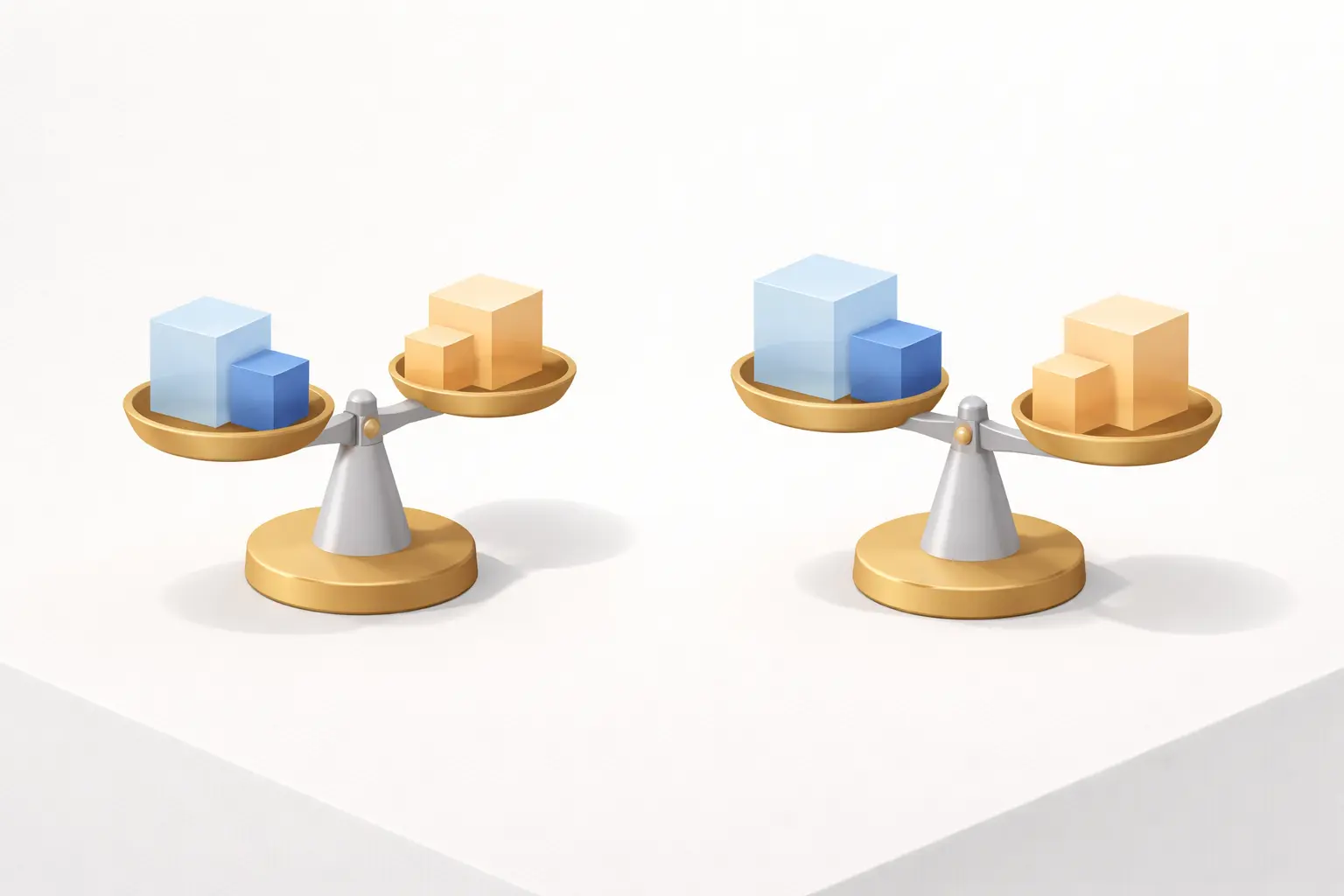 Two balanced isometric scales with translucent blue and gold cubes on a clean white surface and soft grey background.