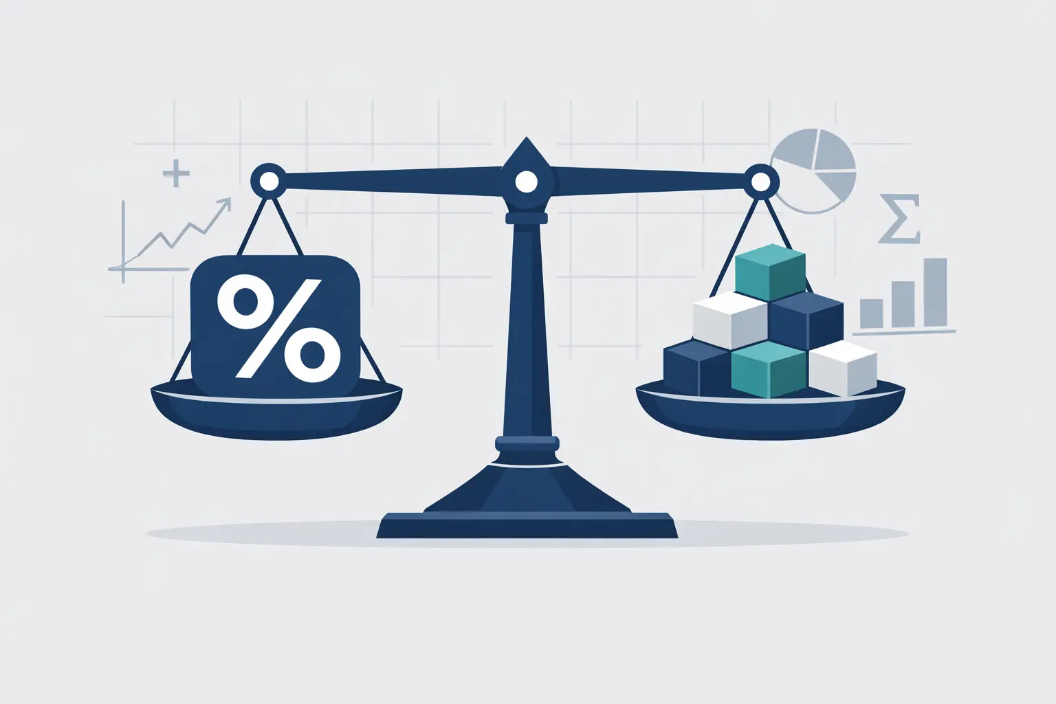 A flat-style illustration of a balanced scale with a percentage symbol on one side and geometric cubes on the other, representing mathematical balance and data analysis.