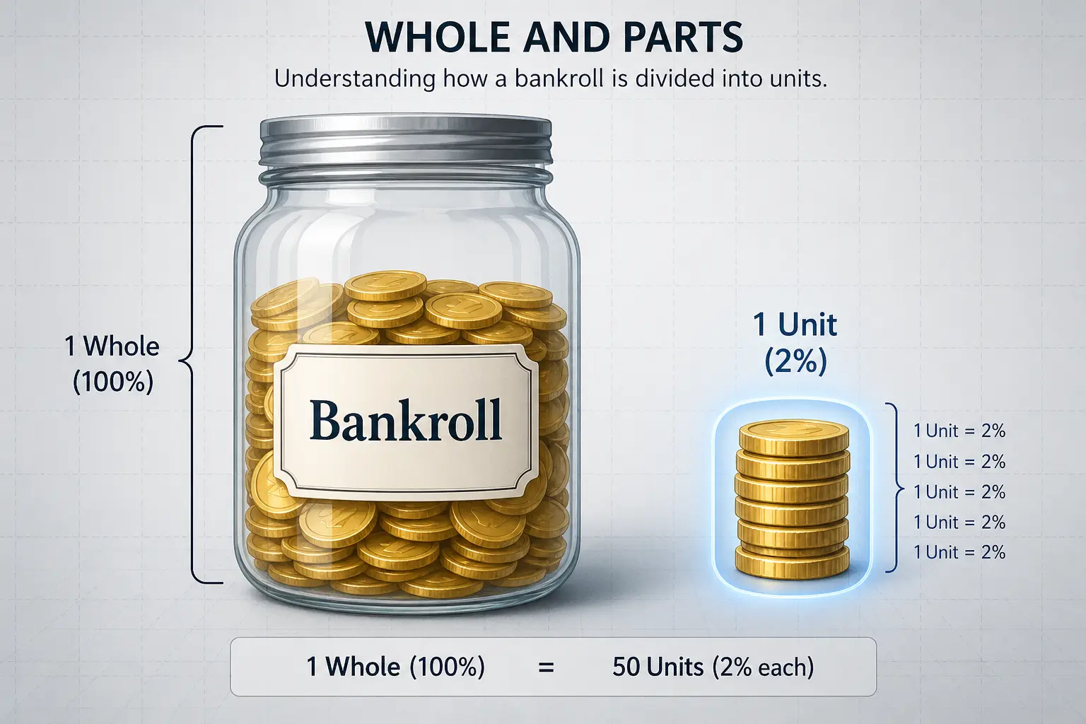A clean educational illustration of a glass jar labeled "Bankroll" filled with gold coins, with a highlighted stack of coins representing 1 unit (2%), showing how a whole is divided into smaller parts.