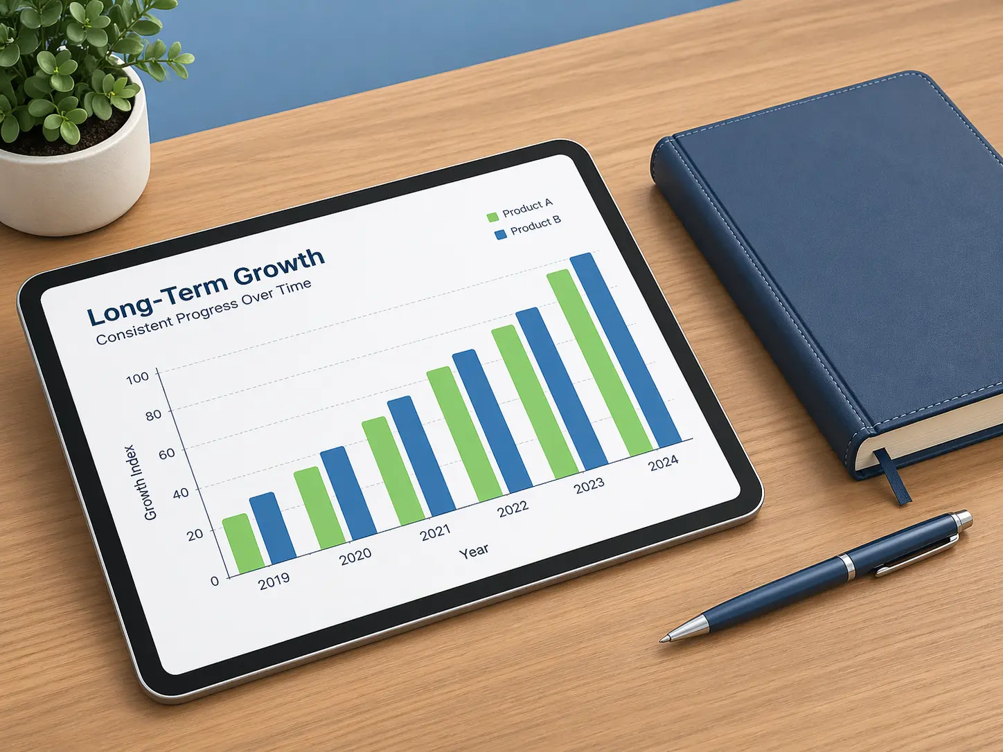 A minimalist 3D isometric illustration of a tablet on a wooden desk displaying a bar chart with green and blue growth bars, next to a leather notebook and pen.
