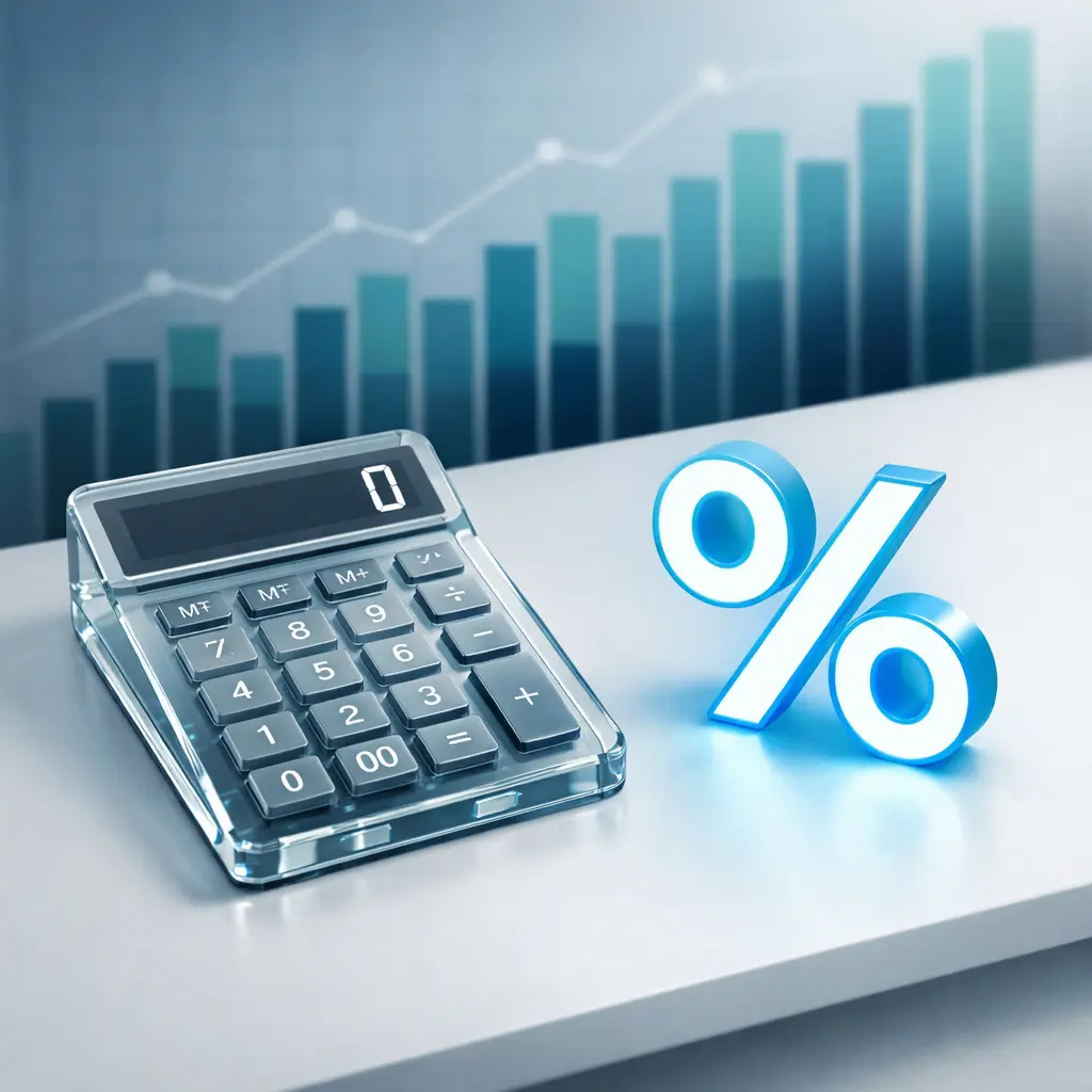 A 3D isometric illustration of a transparent glass calculator next to a glowing percentage symbol on a minimalist white desk, with a blurred upward-trending bar chart in the background.