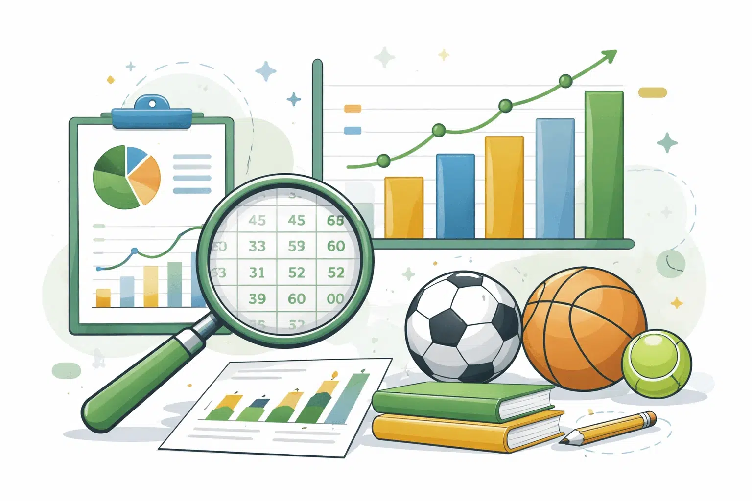 Flat-style illustration of sports data analysis with bar charts, a magnifying glass over numbers, and geometric shapes in green, gold, and blue on a white background.