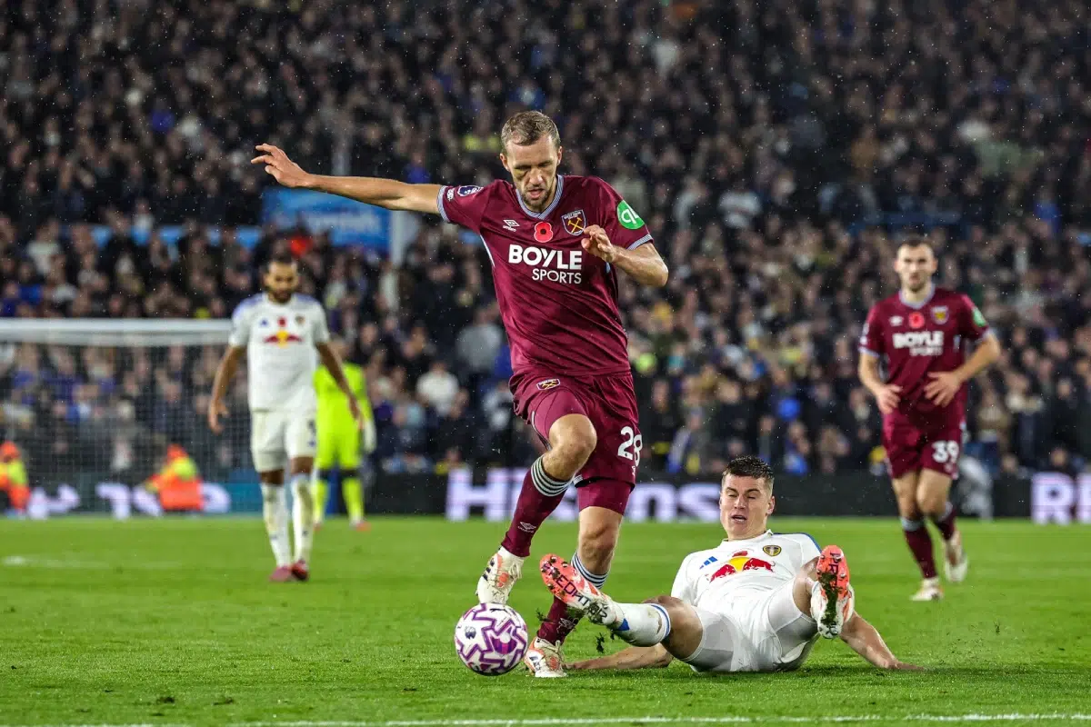 Jaka Bijol of Leeds United is fouled by Tomas Soucek of West Ham United during the Premier League match Leeds United vs West Ham United, 24th October 2025