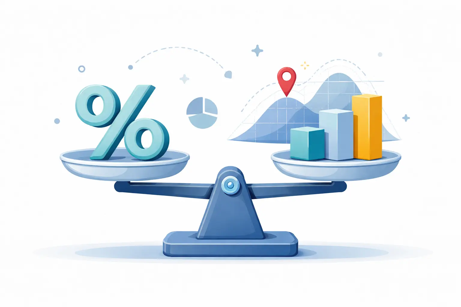 A minimalist illustration of a balance scale with a teal percentage symbol on one side and stacked geometric blocks representing data on the other.
