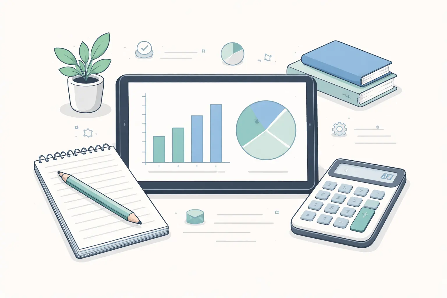 Flat design illustration of a clean workspace with a tablet displaying a bar chart and pie chart, alongside a notepad, pencil, and calculator in soft neutral tones.