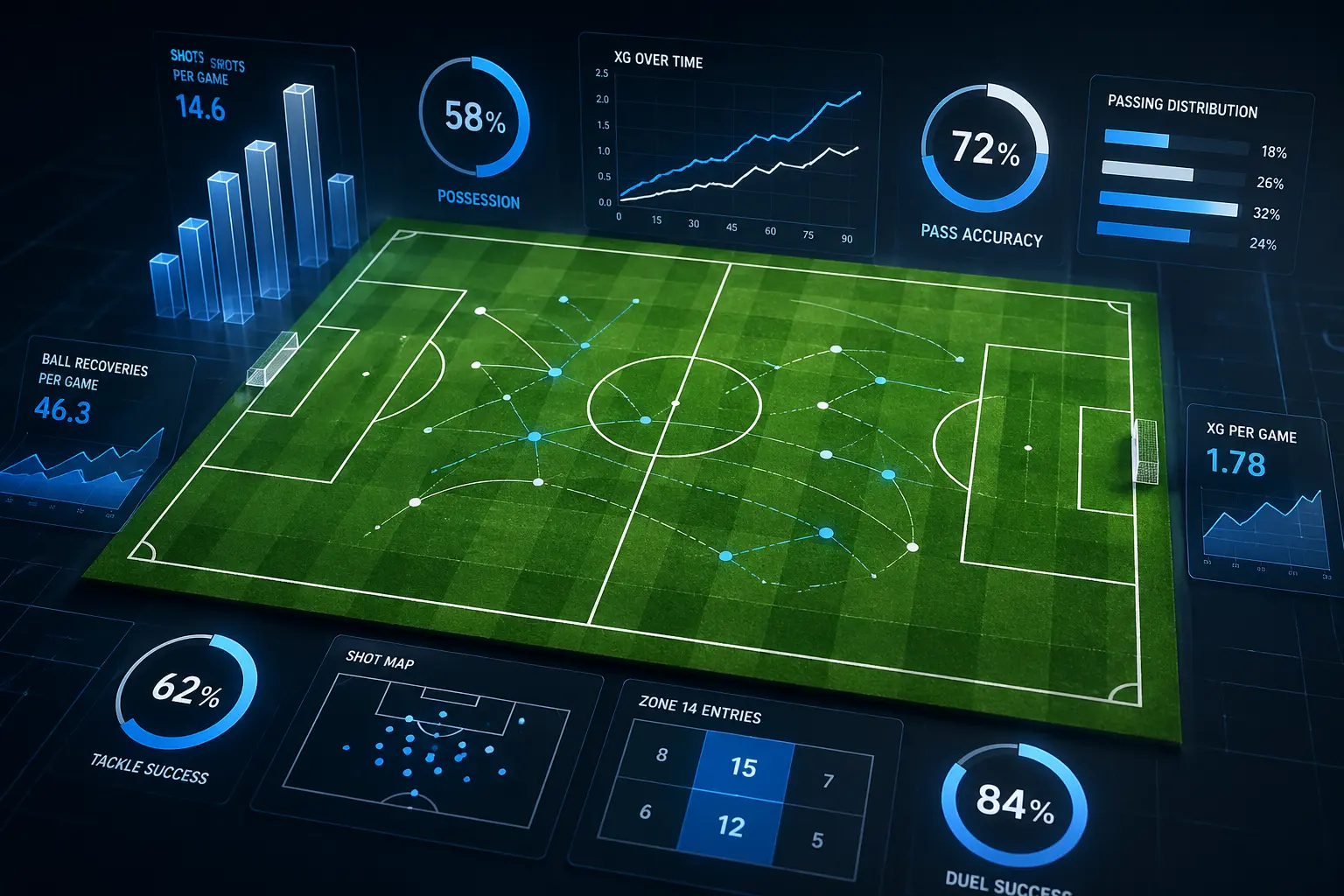 Top-down view of a stylized football pitch with floating 3D data visualizations, including bar charts, line graphs, and circular percentage gauges in blue and white.
