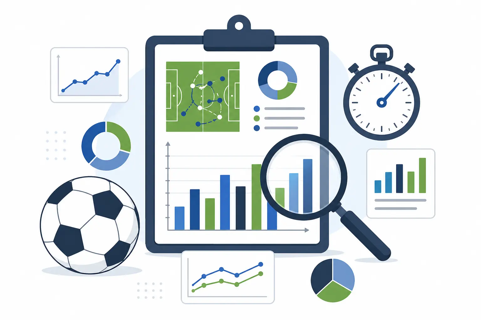 Minimalist flat-design illustration of sports data analysis with a clipboard showing charts, a soccer ball, a stopwatch, and a magnifying glass over a bar graph.