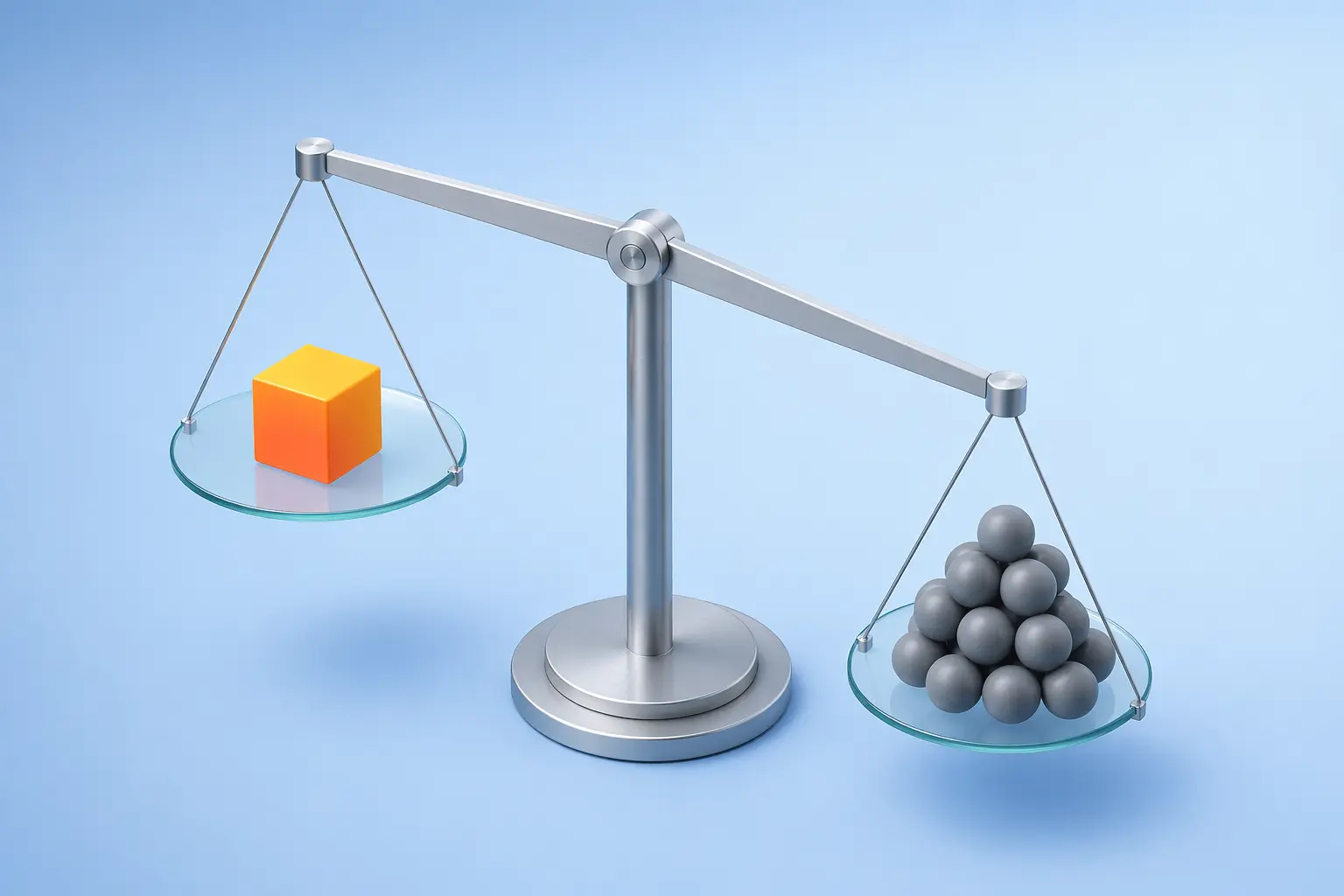 A minimalist 3D balance scale with a colorful cube on one side and a group of gray spheres on the other, representing contrast between an underdog and common consensus.
