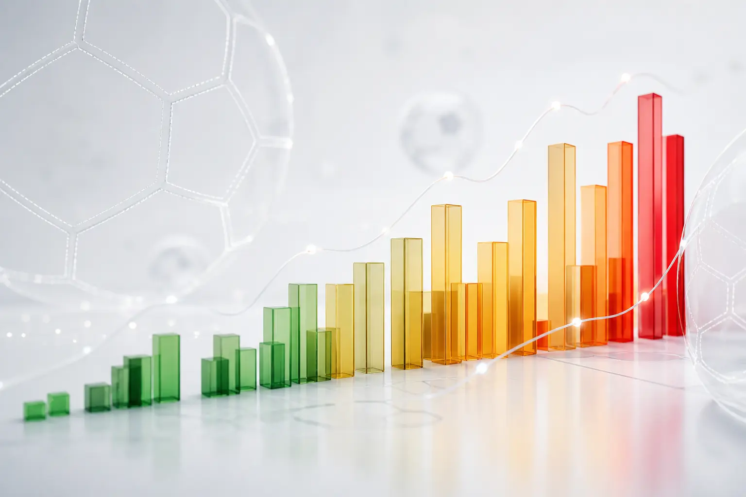 A minimalist 3D data visualization showing glowing bars in green, amber, and red, rising and falling on a white background with subtle football-like geometric patterns.