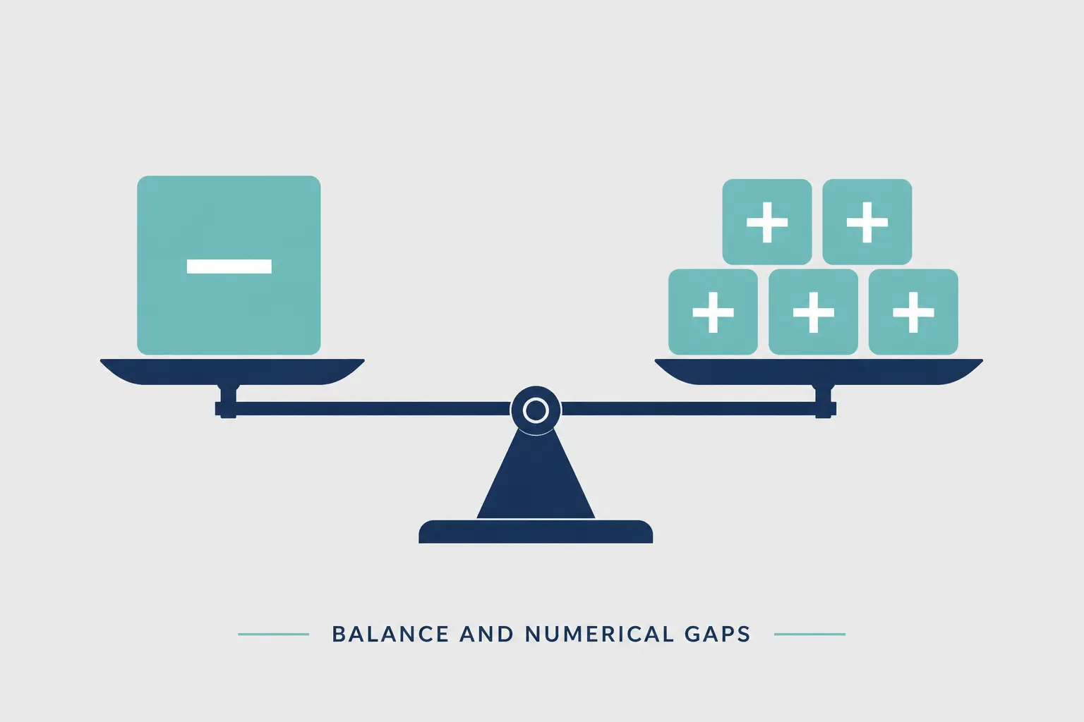 A minimalist illustration of a balance scale with a large minus block on one side and multiple smaller plus blocks on the other, symbolizing numerical balance.