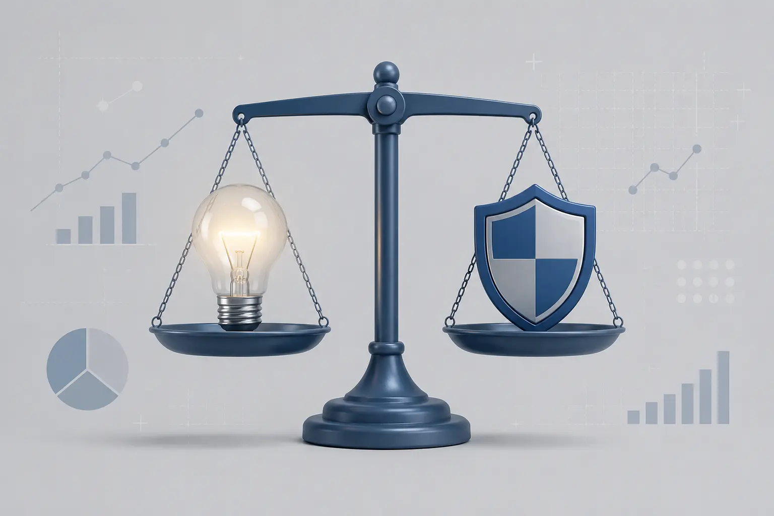 Minimalist educational illustration of a balance scale with a glowing lightbulb on one side and a shield on the other, symbolizing the balance between innovation and risk management.