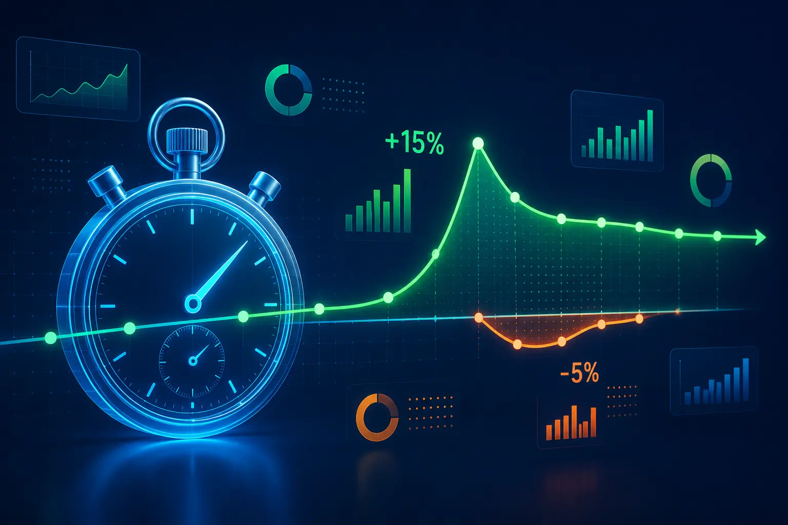 3D vector illustration of a glowing digital stopwatch with a futuristic analytics graph, neon bar charts, and percentage indicators on a dark blue background.