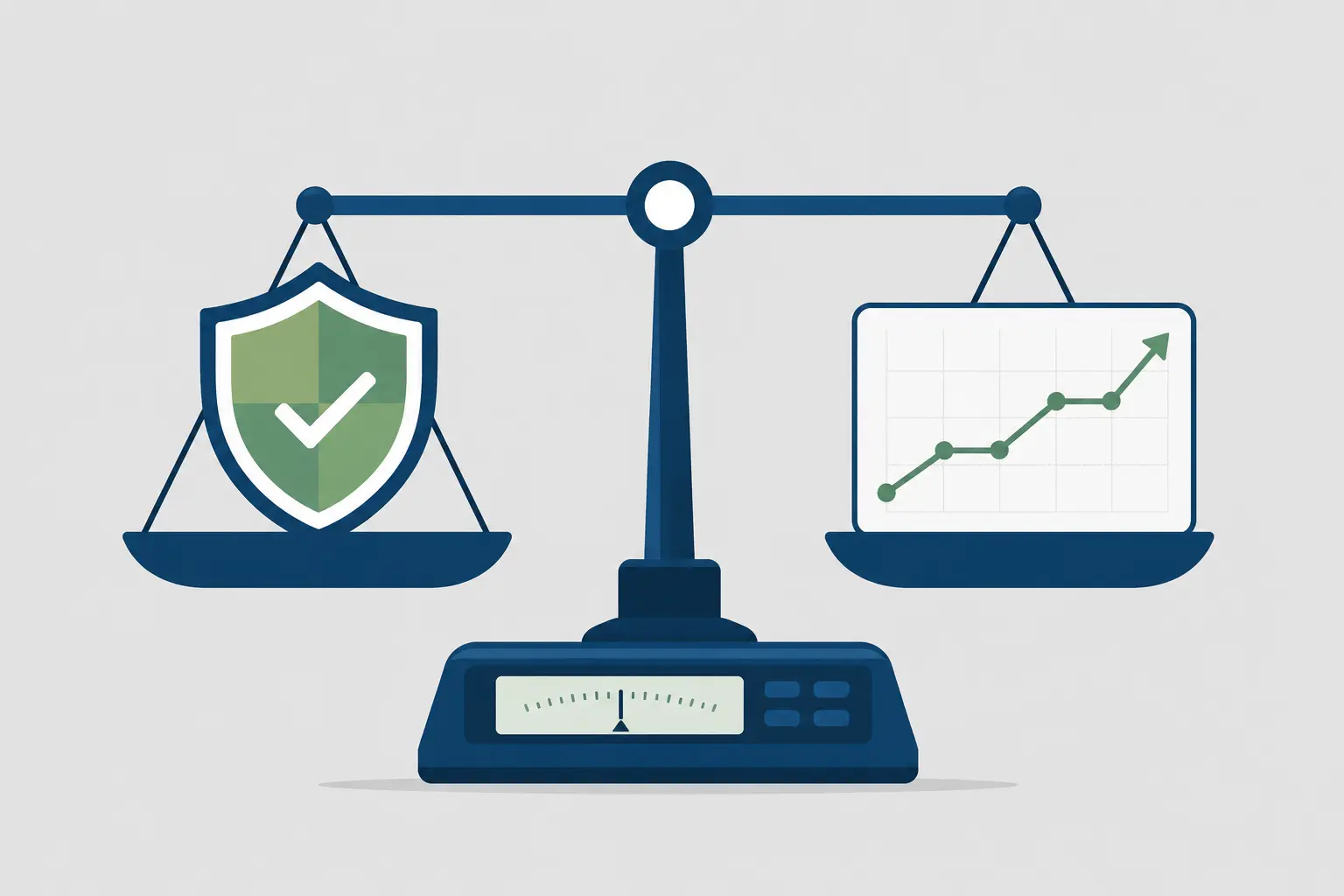 Minimalist vector illustration of a digital balance scale balancing a shield icon and an upward-trending line graph, symbolizing financial stability and risk mitigation.