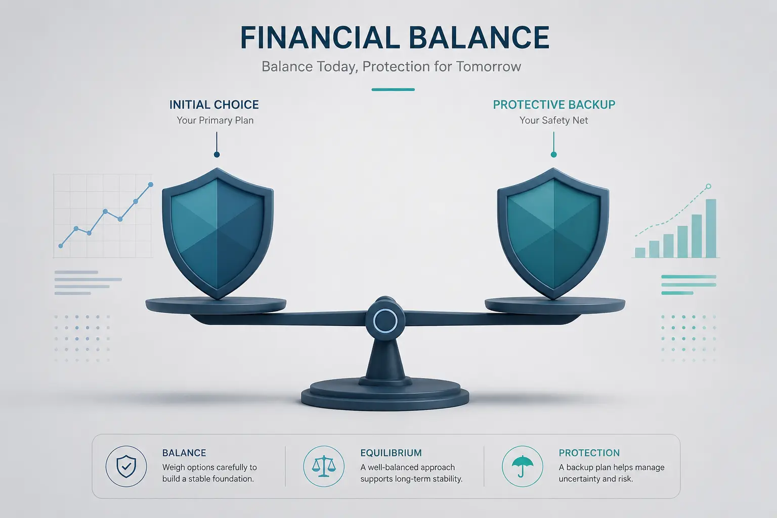 A modern 3D illustration of a balanced scale holding two identical geometric shields, symbolizing financial balance, risk protection, and strategic backup planning on a light grey background.
