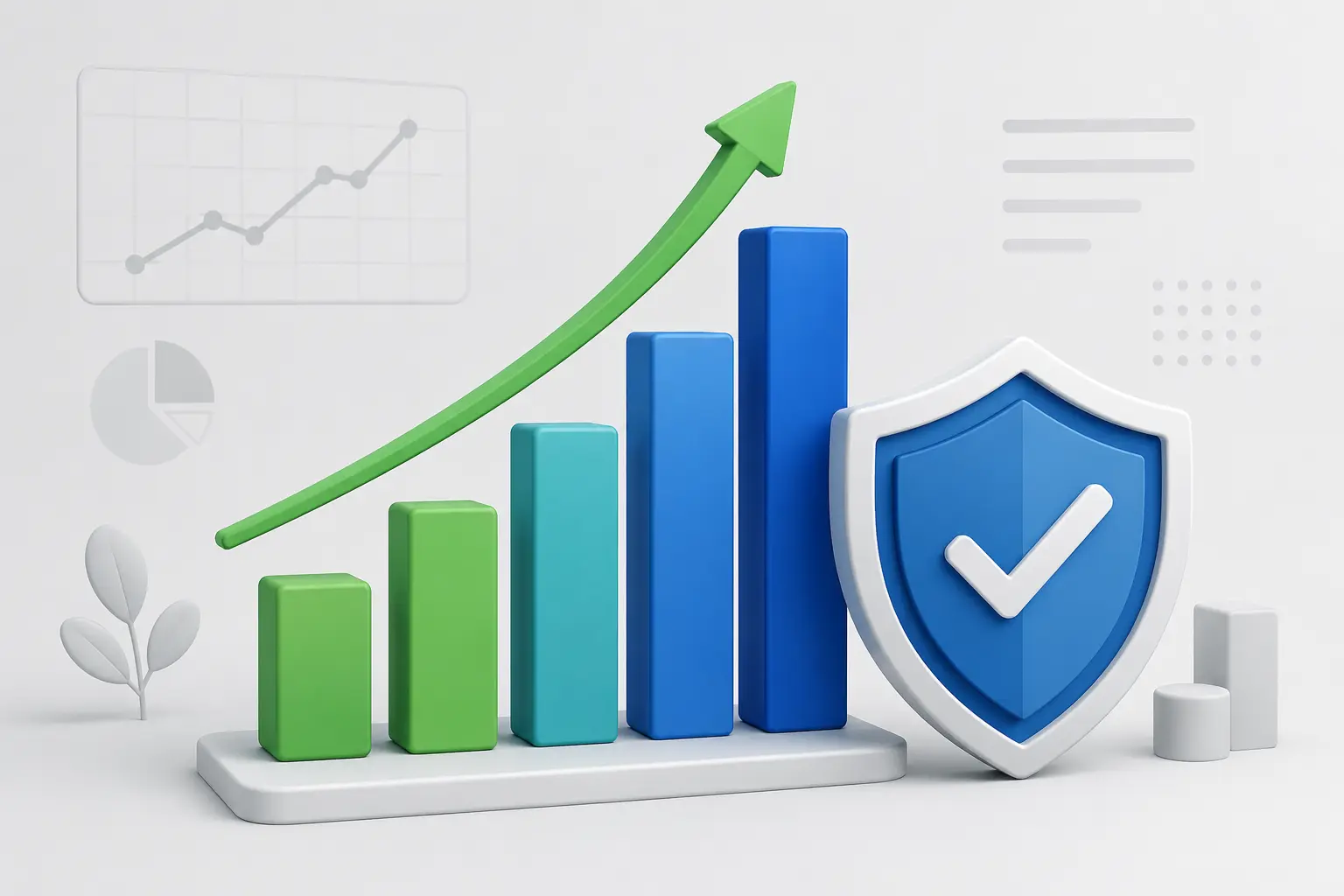 3D abstract vector illustration of a rising financial bar chart with green and blue bars next to a protective shield on a light grey background.