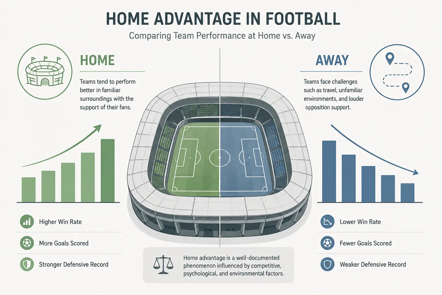 Minimal flat-design infographic of a football stadium divided into “Home” and “Away” statistical zones with green rising graphs on the left and blue declining graphs on the right.