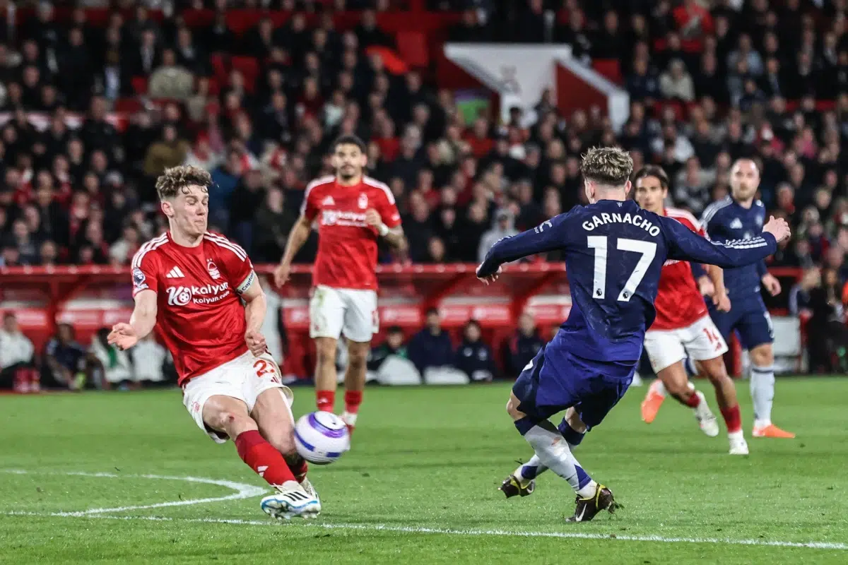 Ryan Yates of Nottingham Forest blocks a shot from Alejandro Garnacho of Manchester United, 2025